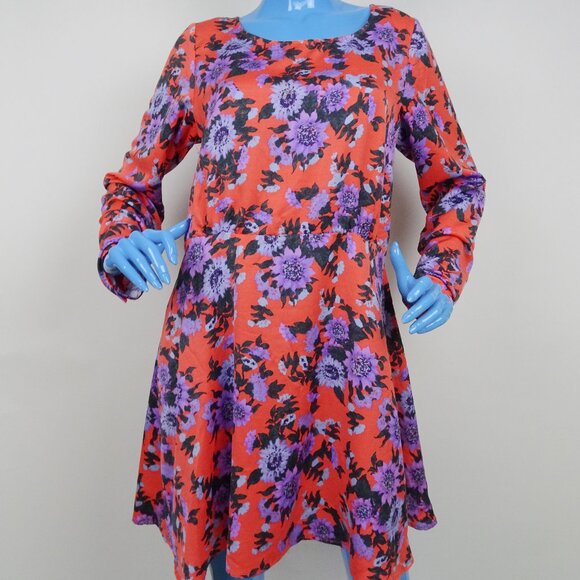 Free People Orange Purple Floral Dress 12 L Parker Fit Flare Long Sleeves Flare - Picture 3 of 6